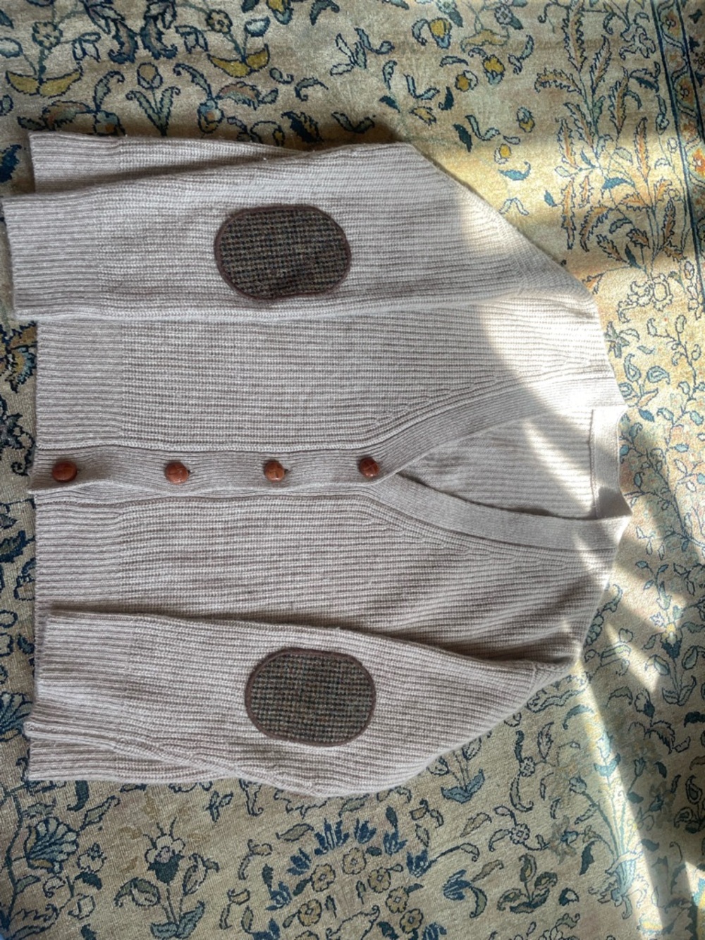 Beige Cashmere Boxy Fisherman’s Cardigan with Tweed Elbow Patches